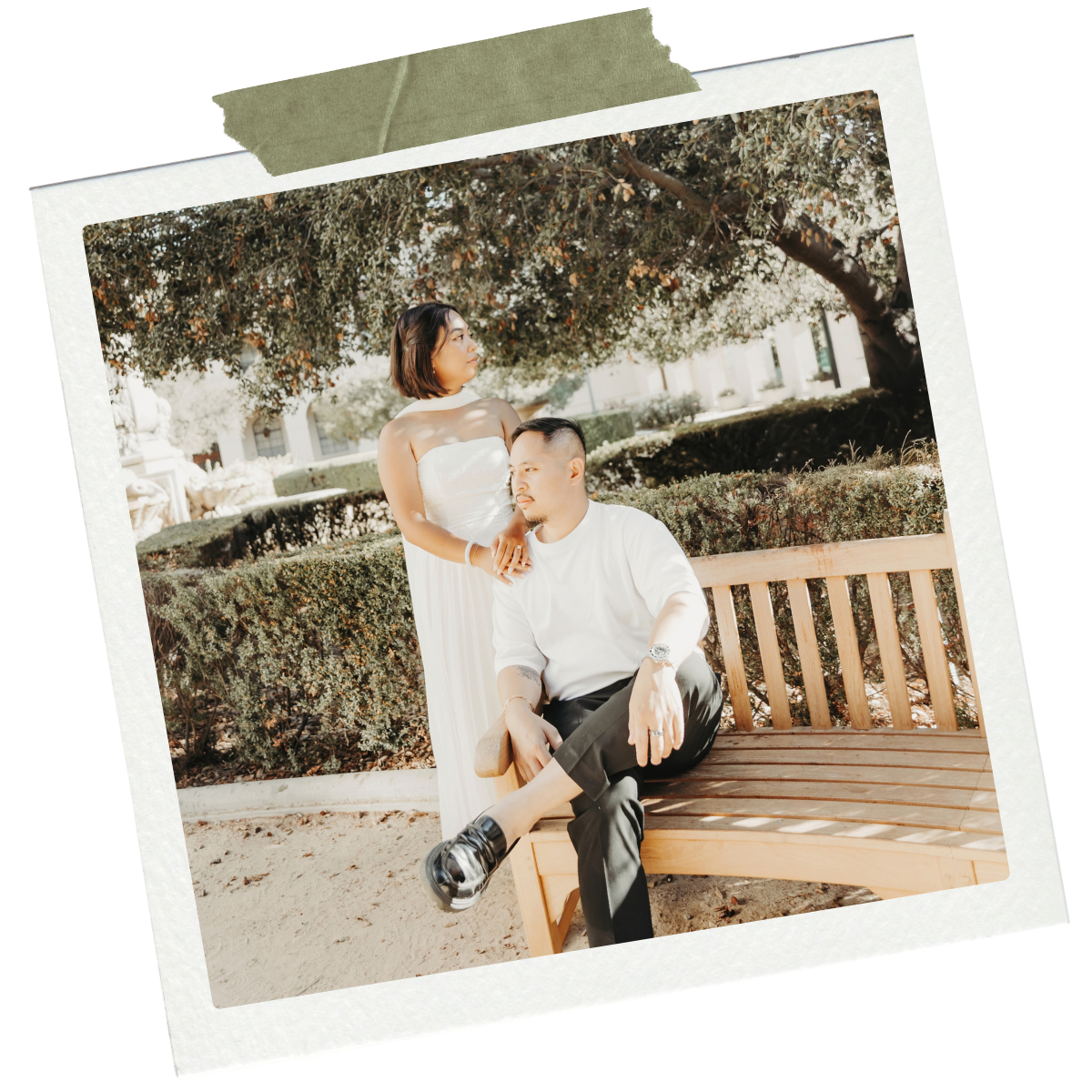 Jyselle and Kyle sitting together on a garden bench